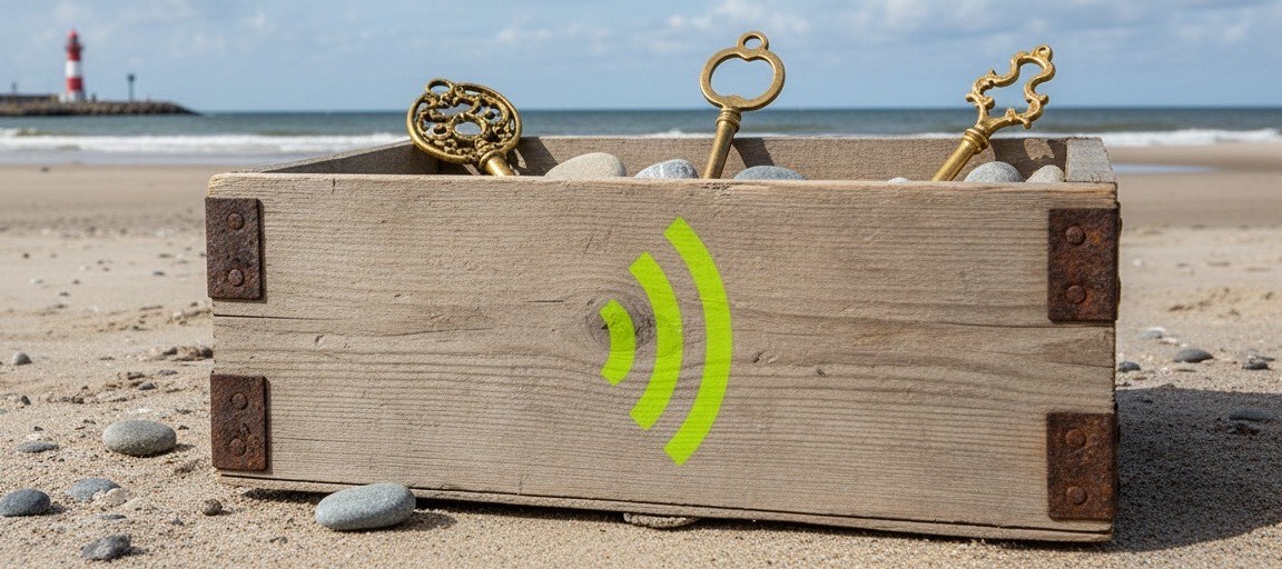 Nøglen til boksen-aibillede Trækasse i Hvide Sande med 3 guldnøgler